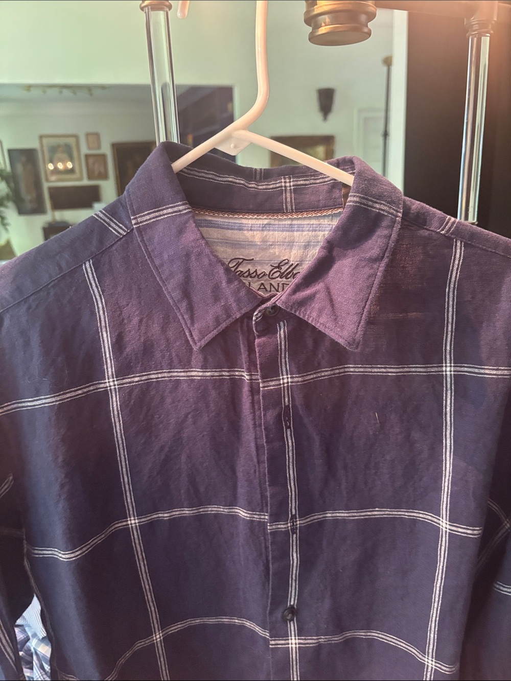 Tasso Elba Men's Linen Navy Windowpane Button-Down Shirt with White Lines
